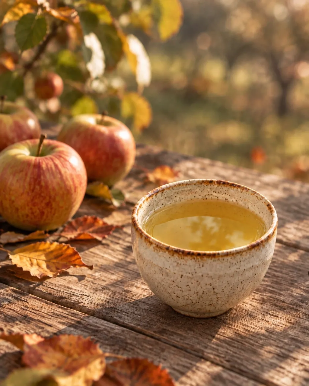 A speckled ceramic cup of light golden Baked Apple Spice tea on a weathered wooden table with red apples and fallen autumn leaves