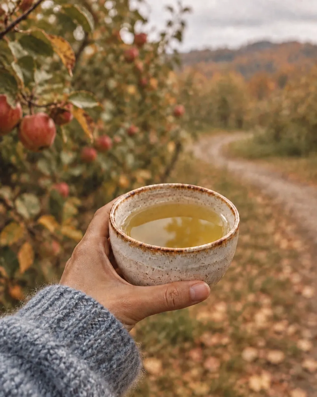 A hand in a grey knit sweater holding a rustic ceramic cup of golden Baked Apple Spice tea beside an apple orchard path