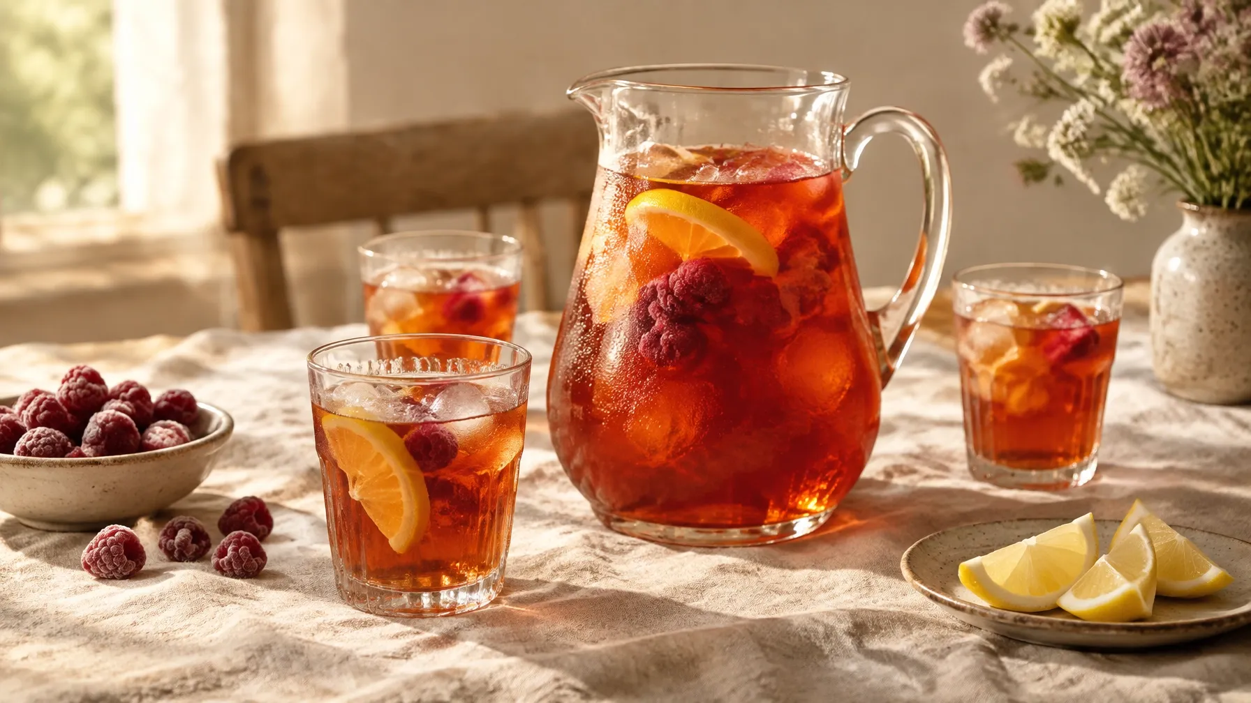 A pitcher and three glasses of iced raspberry black tea with lemon slices and raspberries on a linen-covered table