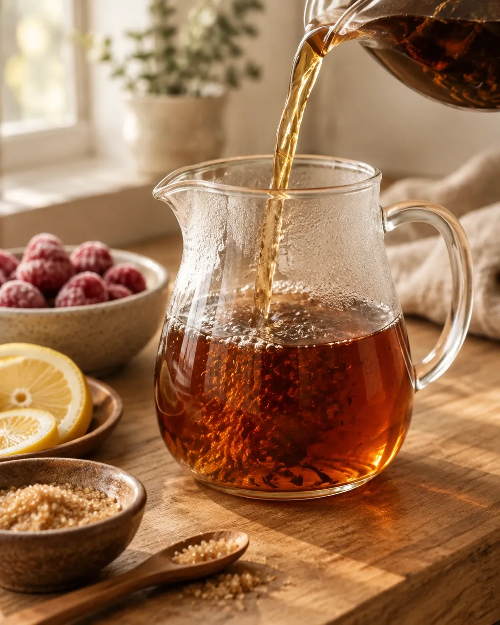 Amber Timeless Grey tea being poured into a glass pitcher, with frozen raspberries, lemon slices and brown sugar alongside