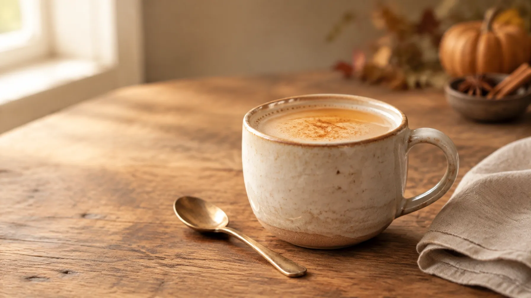 A warm homemade pumpkin spice tea latte in a handcrafted ceramic mug on a natural wood table