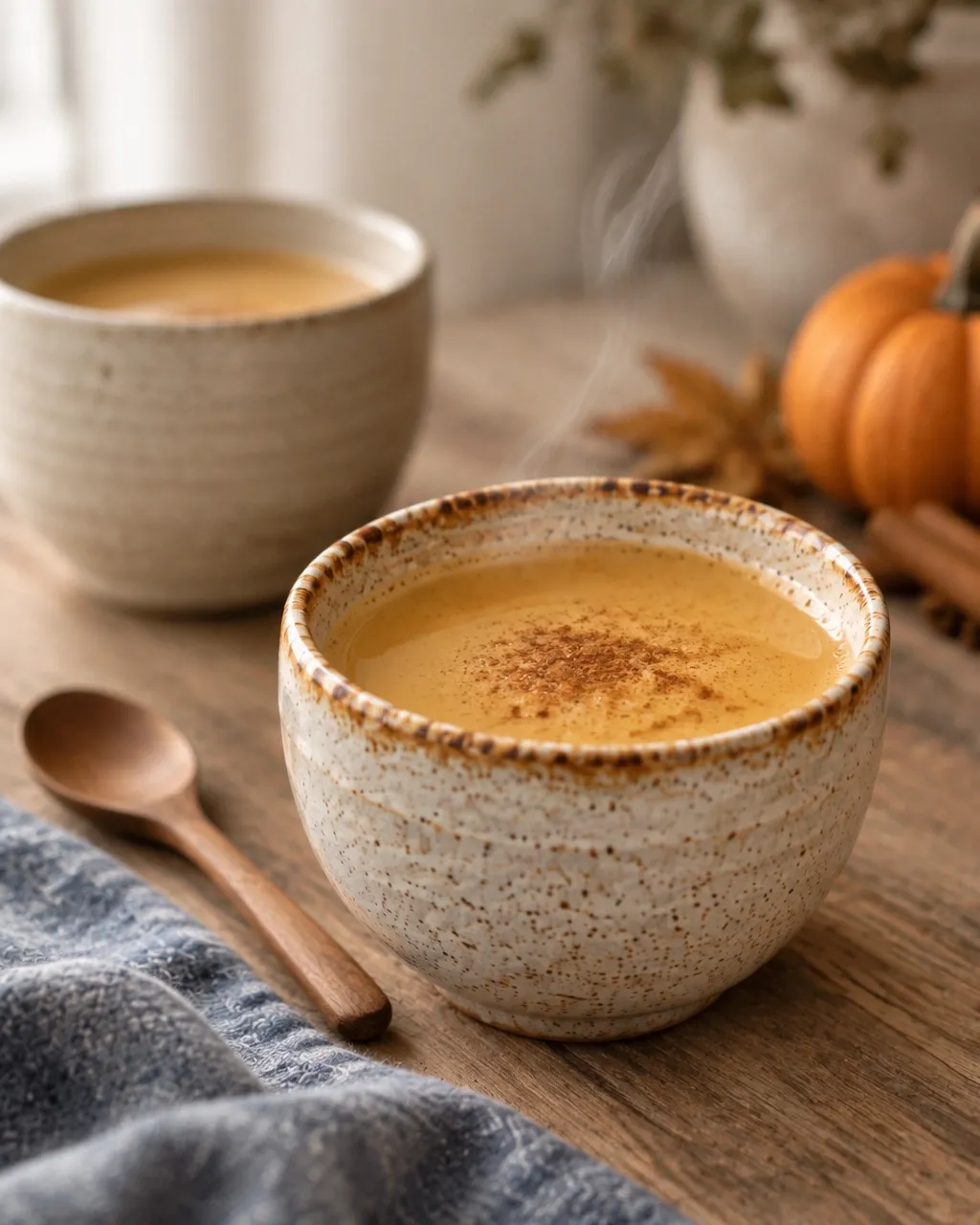 A close-up of a handcrafted ceramic mug filled with golden pumpkin spice tea latte