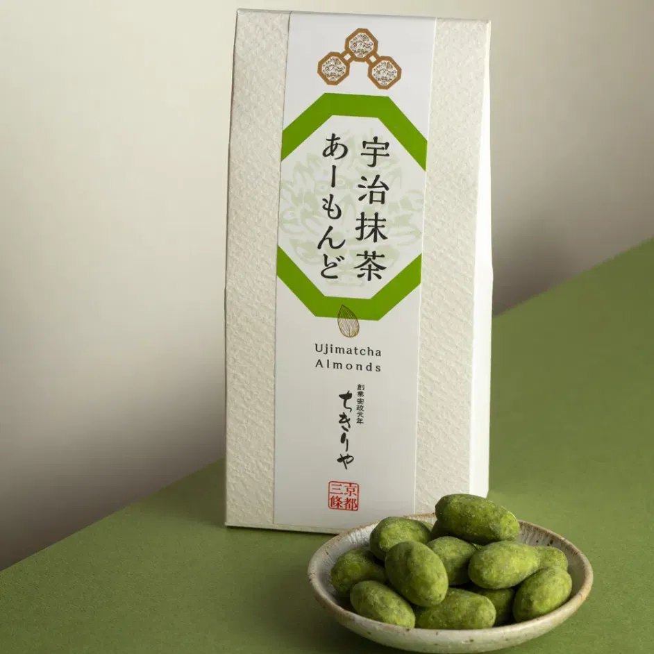 Uji-Matcha Covered Almonds package with matcha-covered almonds in a dish.