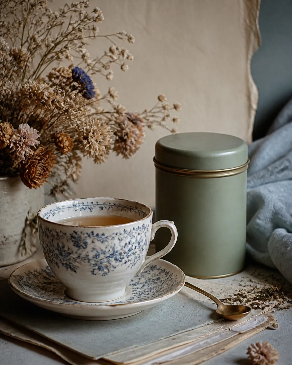 Vintage teacup, dried flowers, and a quiet tea setting