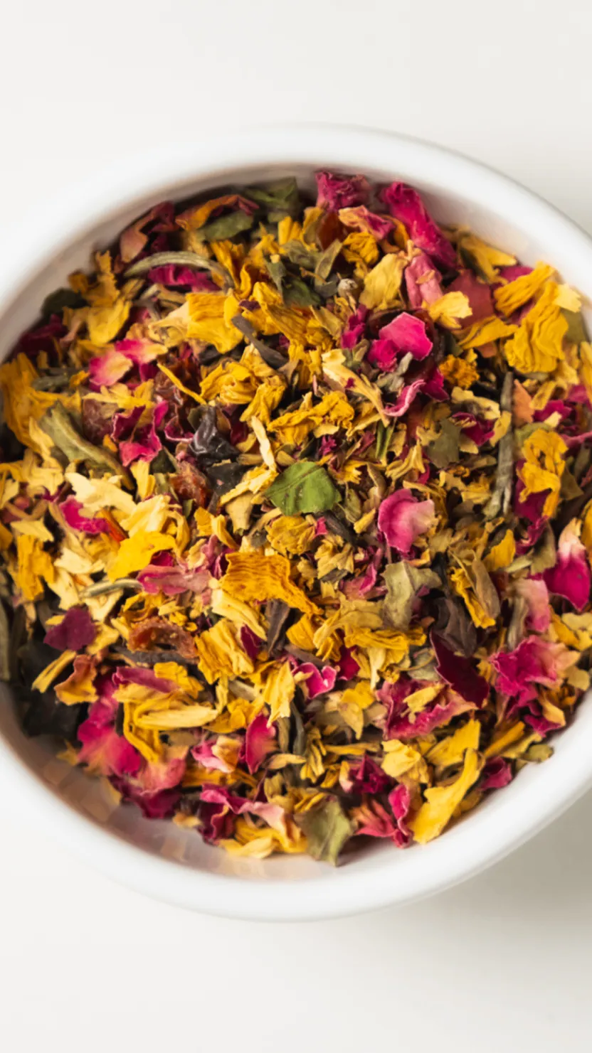 Morning Rain loose-leaf tea in a white dish.