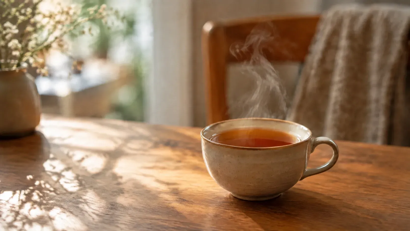 A warm cup of tea on a sunlit table