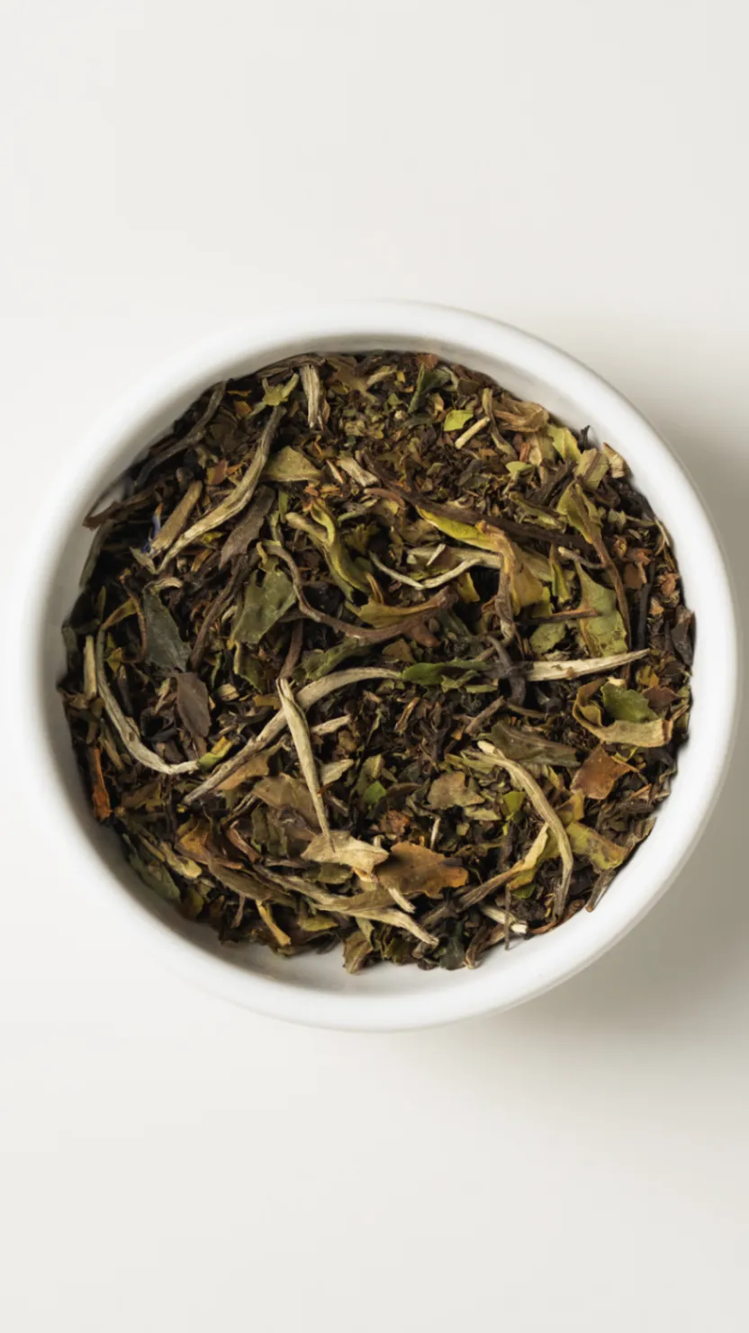 Rhein Whisper loose-leaf tea in a white dish.