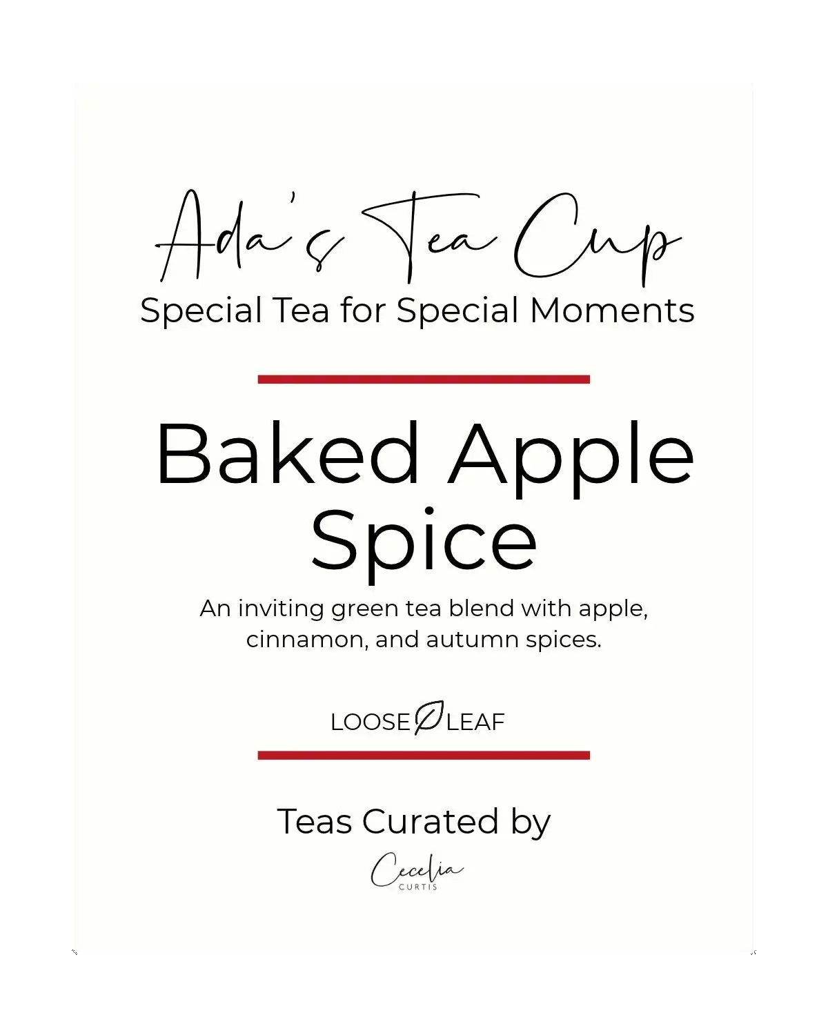 Baked Apple Spice green tea in its white package with black lettering and red horizontal accent lines